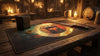 Wooden table with a playmat with Sauron the Dark Lord on it, sword, and dice in a rustic setting